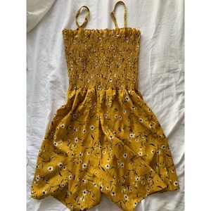 Yellow Floral Print Shirred Cami Romper. New